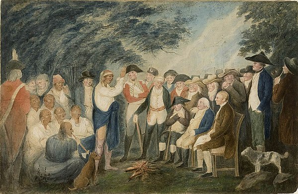 The Great Indian Council, 1793 (Lewis Foy), depicts the conference near Amherstburg. Seated on chairs from right to left are U.S. commissioners Picker