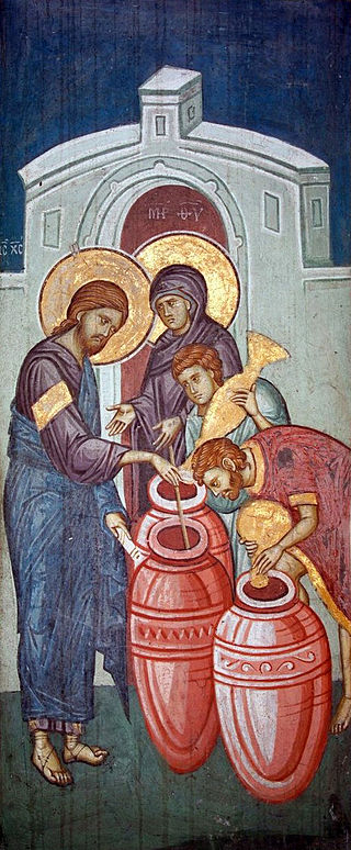 Jesus making wine from water in "The Marriage at Cana", a 14th-century fresco from the Visoki Dečani monastery