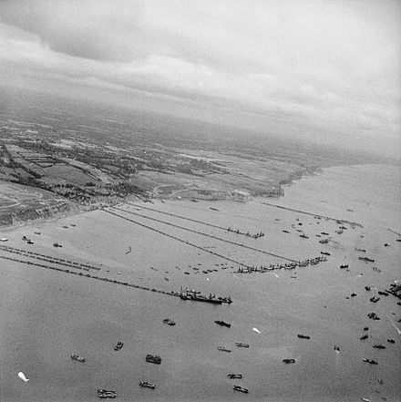 Overall aerial view of the Mulberry B harbour "Port Winston" in September 1944