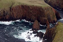 The Cutter, between the islet of Giltarump and mainland Sandsting The Nev and Giltarump, Westerwick, from the air - geograph.org.uk - 5763532.jpg