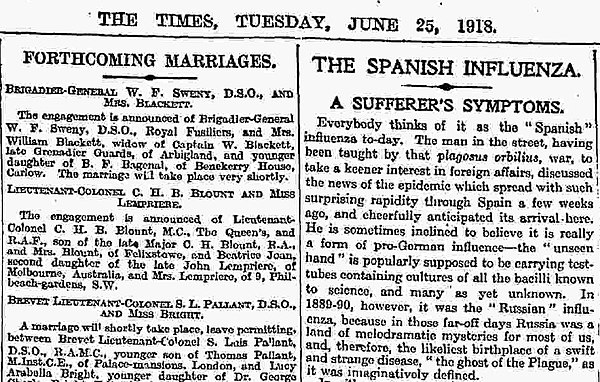 Front page of The Times (London), 25 June 1918: "The Spanish Influenza"