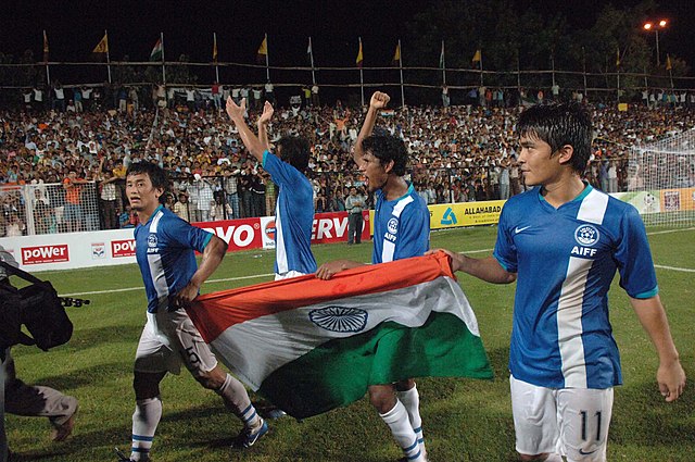 The captain of Indian Football team, Bhaichung Bhutia, celebrating along with other players after winning the 2007 Nehru Cup final