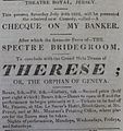 English: Advertisement for the programme at the Theatre Royal, Jersey: 20 July 1822 - A Checque on my banker; Therese