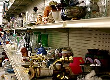 Shelves in a thrift store in Indianapolis, Indiana Thrift store goodies.jpg