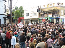 The intersection of Johnston and Wellington Streets, Collingwood, during the rally on 17 January 2010 Tote Rally Wellington Johnston Intersection.JPG