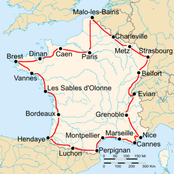 Mapa de France com a rota do Tour de France 1930