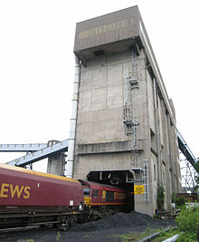 Loading coal into a train at the rapid loader at Daw Mill Colliery, May 2008 Train loading coal at the rapid loader at Daw Mill Colliery, May 2008.jpg