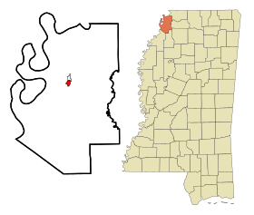 Tunica County Mississippi Incorporated and Unincorporated areas Tunica Highlighted.svg