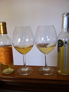 In France, Muscat blanc a Petits Grains is often used to produce fortified "Vin doux Naturel" dessert wines such as the Muscat de Saint-Jean de Minervois (left) and Muscat de Beaume de Venise (right) shown Two vdn muscat blanc.jpg