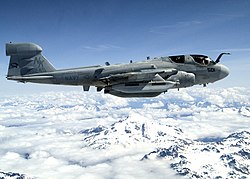 VAQ-133 EA-6B flies near Mount Baker during a training exercise US Navy 050516-N-8921O-001 An EA-6B Prowler, assigned to the Black Ravens of Electronic Attack Squadron One Three Five (VAQ-135), flies near Mt. Baker during a training exercise.jpg