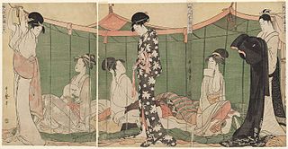 <i>Fujin Tomari-kyaku no Zu</i> Color triptych print by Kitagawa Utamaro