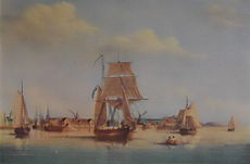 Varbergs hamn 1867, varmbadhuset i bakgrunden.