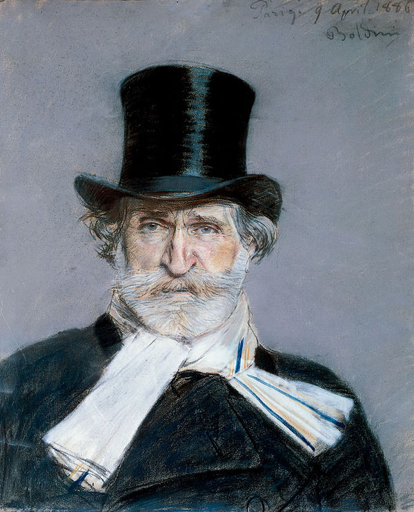 Portrait de Giuseppe Verdi à l'écharpe blanche et haut-de-forme