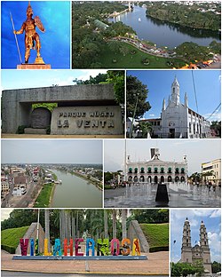 From top to bottom, from left to right: Monument to Taabscoob, the lagoon of illusions, the Parque Museo La Venta, the church of the Immaculate Conception, the Grijalva river as it passes through Villahermosa, the main square, monumental letters and 