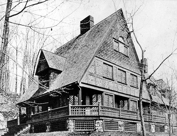 W. Chanler Cottage, Tuxedo Park, New York (1885–86, altered). Frank Lloyd Wright may have modeled his Oak Park house and studio after these two cottag