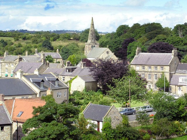 Warkworth village and church, viewed from the northeast (August 2003)