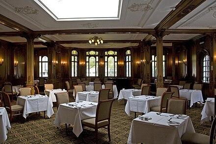 The 1st-Class Lounge of the Olympic, which was almost identical to that of the Titanic, seen today as a dining room in the White Swan Hotel, Alnwick