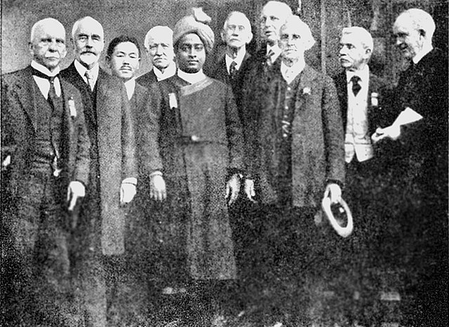 A 1920 photograph published in Autobiography of a Yogi, showing Yogananda attending a religious congress upon his arrival in the United States
