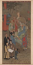 《五百罗汉图轴：应身观音》- 周季常, 宋代 (1178年)。画作石膏的是罗汉现身为十一面观音，众人前来膜拜的景象。