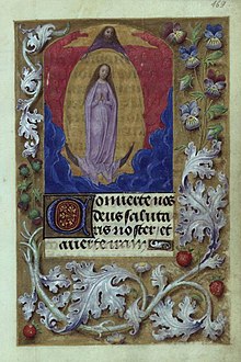 Assumption of the Virgin from the Berlin Book of hours of Mary of Burgundy and Maximilian, Staatliche Museen zu Berlin, Kupferstichkabinett Handschrift 78 B 12 (Photo Credit: Bildarchive Preussischer Kulturbesitz/Art Resource, NY). "And a great sign appeared in heaven: A woman clothed with the sun, and the moon under her feet, and on her head a crown of twelve stars." 0001 Virgin in Mary and Max Prayer Book.jpg