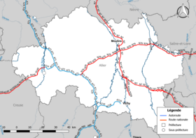 Mappa della rete stradale nazionale (autostrade e strade nazionali) nel dipartimento di Allier