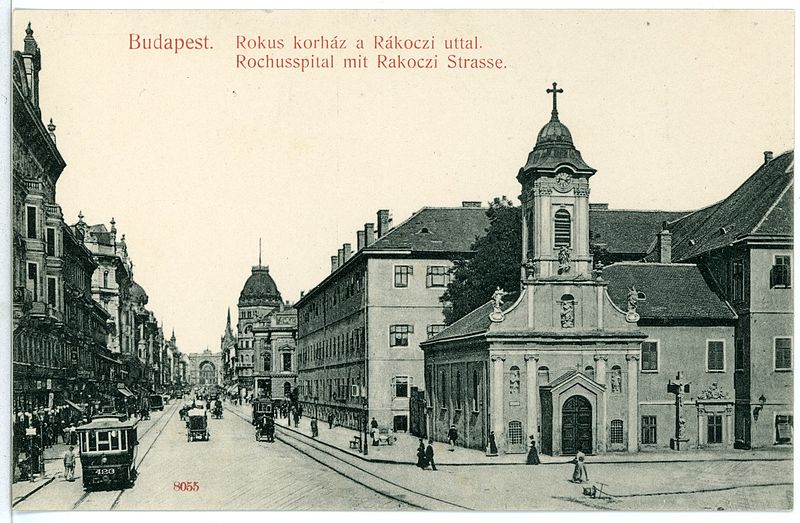 File:08055-Budapest-1906-Rochusspital mit Rakoczistraße und Straßenbahn-Brück & Sohn Kunstverlag.jpg