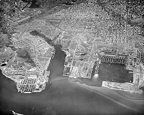 Aerial photo of Richmond Shipyards, 1944, view directed north: #3 (west, foreground); #2 (rectangular basin, east foreground); #4 (end of the channel, south bank); #1 (north of the channel bend).