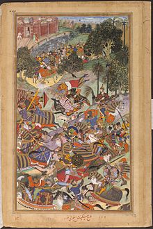 The battle between the Mughal Imperial Army and Muhammad Husain Mirza near Ahmadabad in 1573. From Akbarnama. 1573-The Battle Between the Imperial Army and Muhammad Husain Mirza near Ahmadabad-Akbarnama.jpg