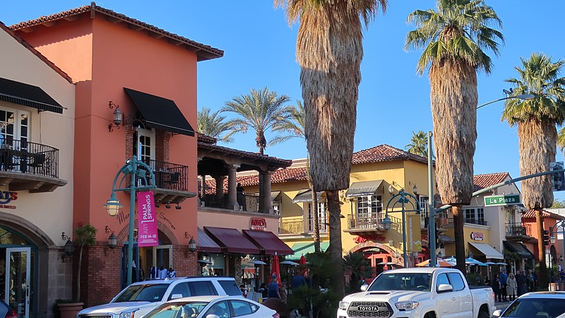 File:190216 228 Palm Springs CA - South Palm Canyon Drive, Mercado Plaza, signature Washingtonia filifera California Fan Palm uniquely trimmed (33297252808).jpg