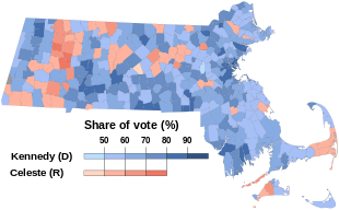 Results of the 1958 U.S. Senate election in Massachusetts. Kennedy's margin of victory of 874,608 votes was the largest in Massachusetts political history. 1958 United States Senate election in Massachusetts results map by municipality.svg