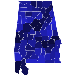 2000 Alabama Democratic presidential primary election results map by county (vote share).svg