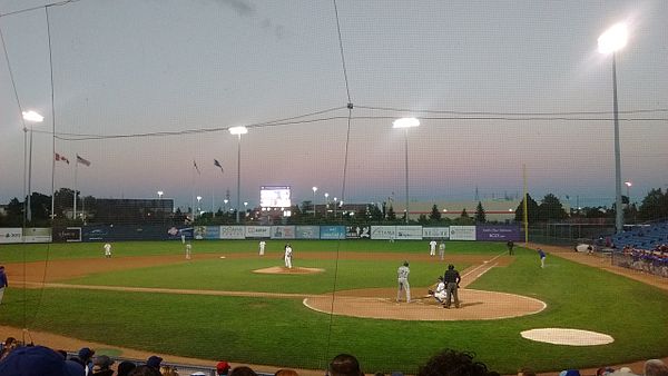 Game 2 action at RCGT Park in Ottawa. The Ottawa Champions are in white, pitching to the Rockland Boulders in grey. 2016 Can-Am league final game 2.jpg