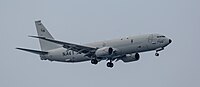 A US Navy P-8 Poseidon, tail number 168756, on final approach at Kadena Air Base in Okinawa, Japan.