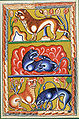 Enluminure représentant un lion sur des hauteurs, la naissance des lionceaux et la réanimation de ceux-ci par le père. Bestiaire d'Ashmole, XVIe siècle.