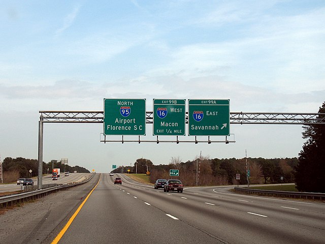 Northbound I-95 at the interchange with I-16 near Savannah, Georgia