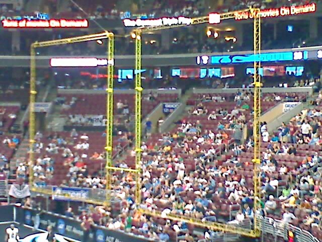 An arena football goalpost structure featuring the rebound nets on either side of the uprights.