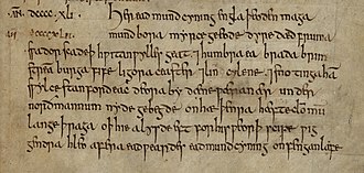 The text of the poem in MS A of the Anglo-Saxon Chronicle (f. 27r). ASC MS A 942.jpg