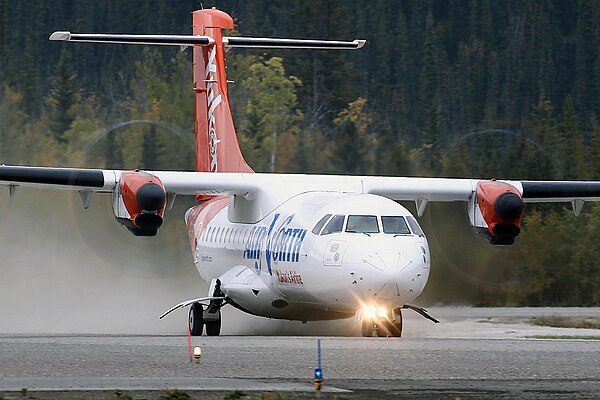 An ATR 42-320 landing at Dawson City Airport