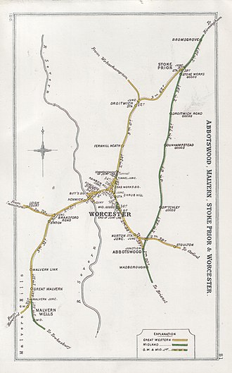 Pre Grouping railway junctions around Abbotswood, Malvern (lower left), Stoke Prior & Worcester Abbotswood, Malvern, Stroke Prior & Worcester RJD 81.jpg