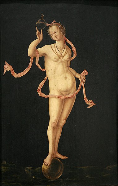 Fortuna lightly balances the orb of sovereignty between thumb and finger in a Dutch painting of ca 1530 (Musée des Beaux-Arts de Strasbourg)