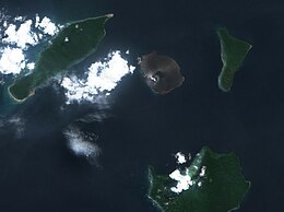 Sentinel-2 satellite view of Anak Krakatoa on 3 May 2022 in natural color. Clockwise from upper left: Sertung Island; Anak Krakatoa, Panjang Island, and Rakata Island (lower right). Anak Krakatoa on Sentinel-2 L2A image 2022 May 03.jpg