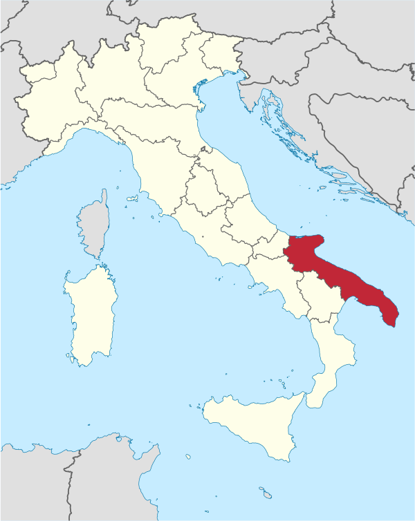 Location of Apulia (Puglia) within Italy Apulia in Italy.svg