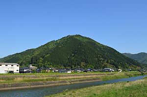 有子山全景 山頂に石垣、左山麓に出石城。手前は出石川。