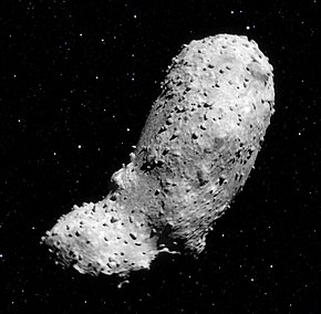 Bildbeschreibung Künstlerische Darstellung eines Asteroiden (25143) Itokawa (eso1405b) (beschnitten) .jpg.