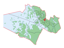 Kaupungin kartta, jossa Asevelikylä korostettuna.