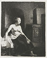 Woman Sitting Half Dressed beside a Stove label QS:Len,"Woman Sitting Half Dressed beside a Stove" label QS:Lnl,"Vrouw met naakt bovenlichaam bij een kachel" . 1658. etching print, drypoint print and burin on paper. 22.2 × 18.2 cm (8.7 × 7.1 in). Various collections.