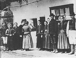Bela Bartok recording folksongs of Czech peasants, 1908 Bartok recording folk music.jpg