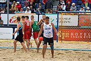 Deutsch: Beachhandball Europameisterschaften 2019 (Beach handball Euro); Tag 6: 7. Juli 2019 – Spiel um Platz Drei, Männer, Ungarn-Russland 2:0 (26:20, 23:22) English: Beach handball Euro; Day 6: 7 July 2019 – Men's Bronze Medal Match – Hungary-Russia 2:0 (26:20, 23:22)