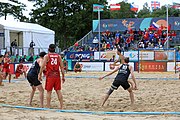 Deutsch: Beachhandball Europameisterschaften 2019 (Beach handball Euro); Tag 6: 7. Juli 2019 – Spiel um Platz Drei, Männer, Ungarn-Russland 2:0 (26:20, 23:22) English: Beach handball Euro; Day 6: 7 July 2019 – Men's Bronze Medal Match – Hungary-Russia 2:0 (26:20, 23:22)