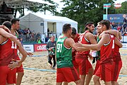 Deutsch: Beachhandball Europameisterschaften 2019 (Beach handball Euro); Tag 6: 7. Juli 2019 – Spiel um Platz Drei, Männer, Ungarn-Russland 2:0 (26:20, 23:22) English: Beach handball Euro; Day 6: 7 July 2019 – Men's Bronze Medal Match – Hungary-Russia 2:0 (26:20, 23:22)